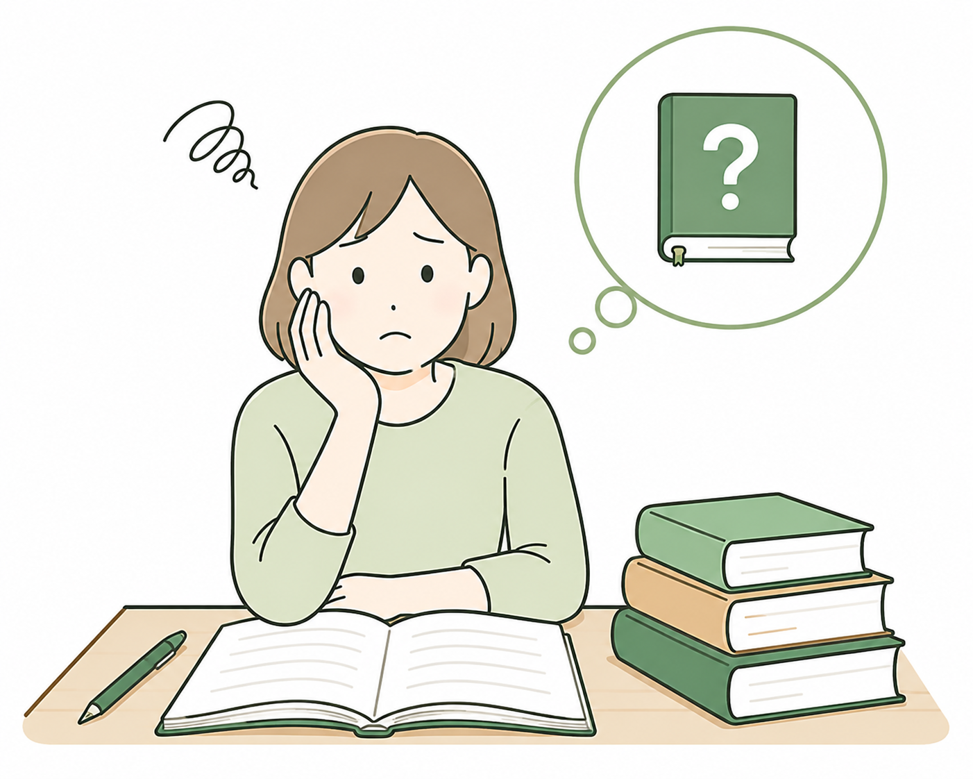 机の本を前に、何から始めればいいのか分からず悩んでいる学生