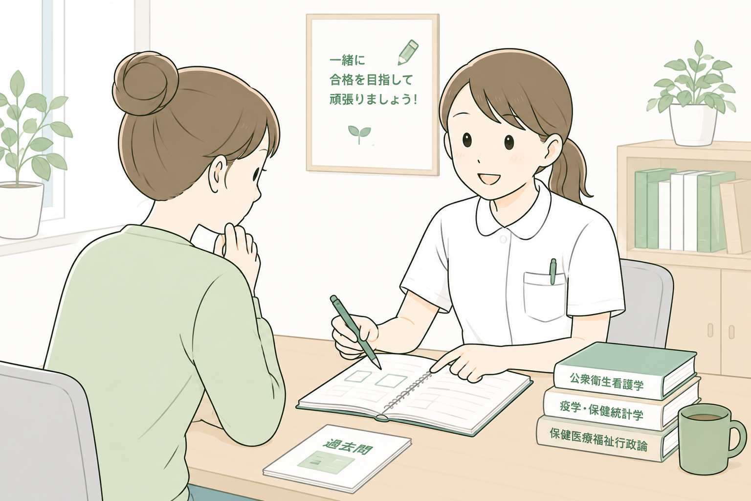 保健師が受験生と向かい合い、過去問を開いて説明している場面