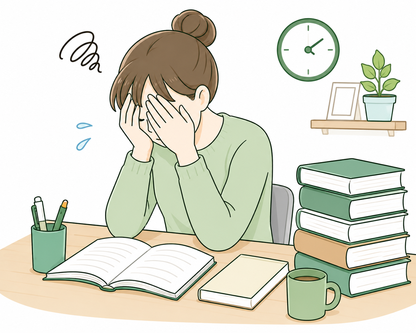 積み上がった本を前に頭を抱えている受験生と、時間の経過を示す時計